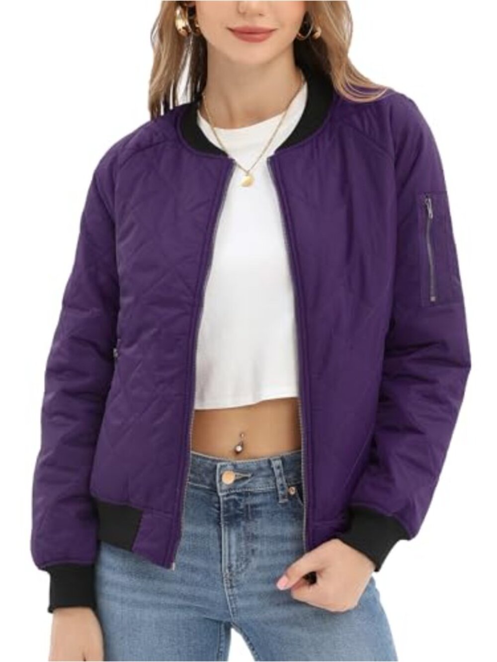 Quilted Lightweight Puffer Bomber Jacket with Zip Pockets